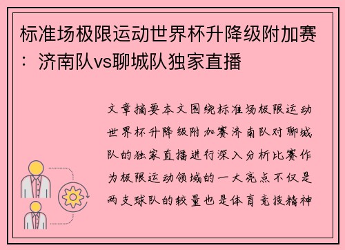 标准场极限运动世界杯升降级附加赛：济南队vs聊城队独家直播