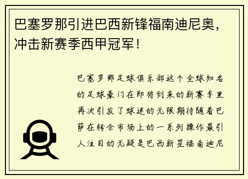 巴塞罗那引进巴西新锋福南迪尼奥，冲击新赛季西甲冠军！